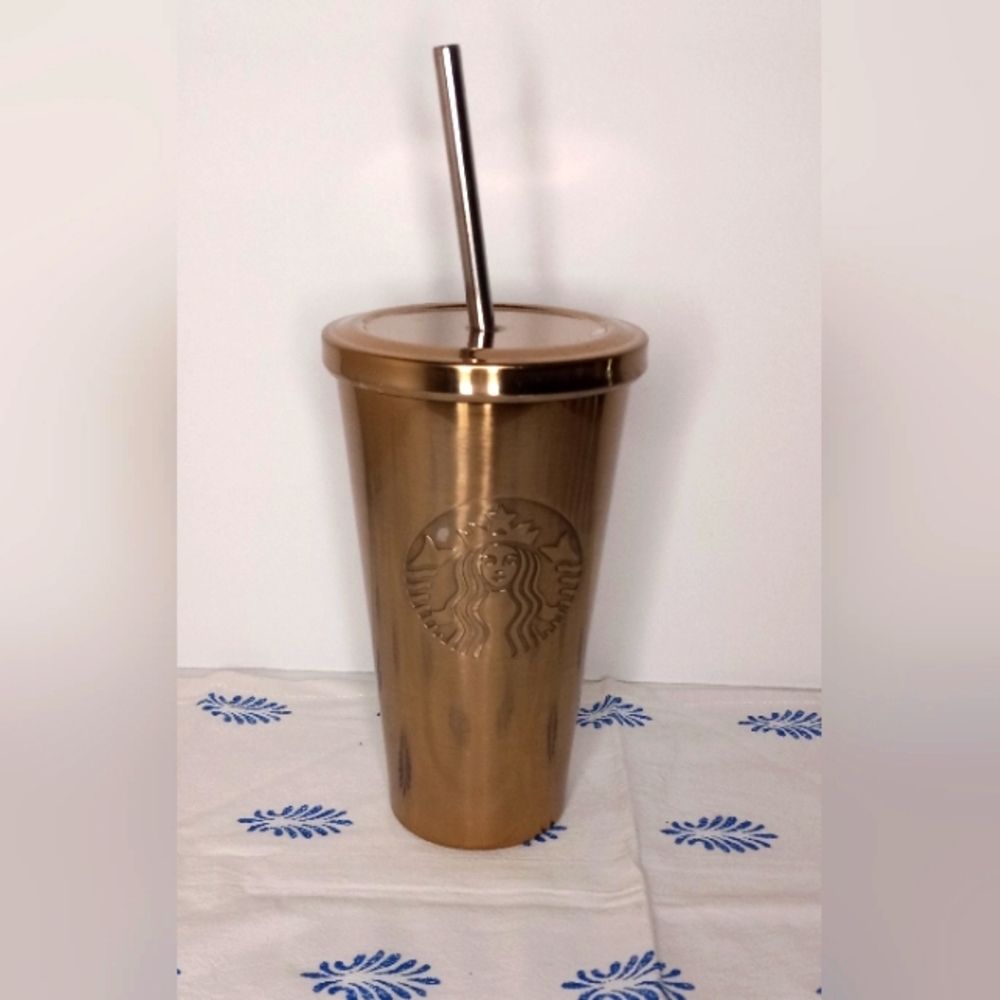 Starbucks 2014 Gold Logo Cold Cup 16oz Tumbler Steel Straw Gold Lid